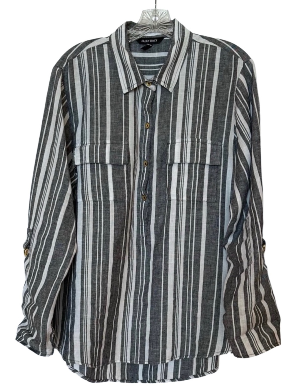 Ellen Tracy 100% Linen Striped Gray Button Down Blouse XL Roll Tab High Low
